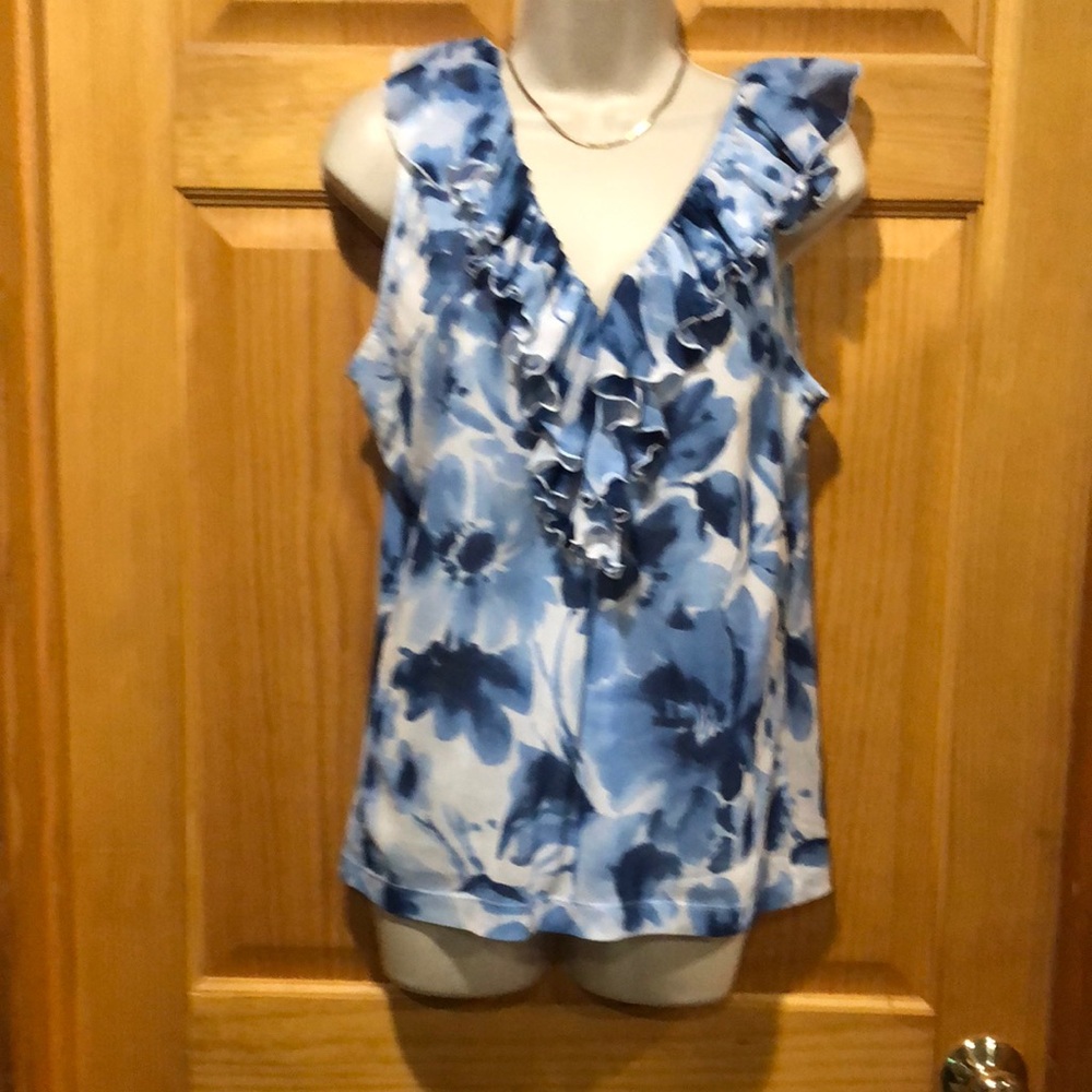 American Living Blue Floral Ruffle Blouse